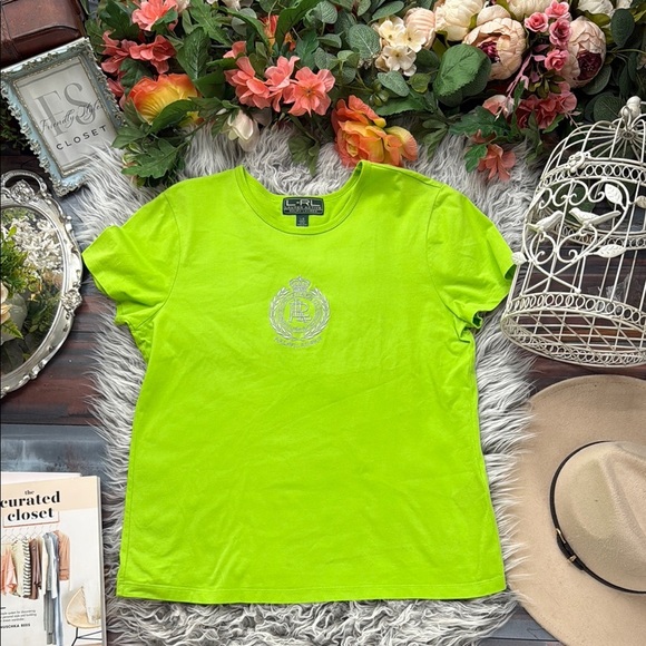 Lauren Ralph Lauren Shirt 100% Cotton Lime Green Metallic Crest Active, L - Picture 1 of 8